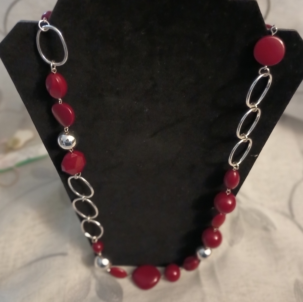 Mix It Red/Silver Beaded Necklace, NWT
